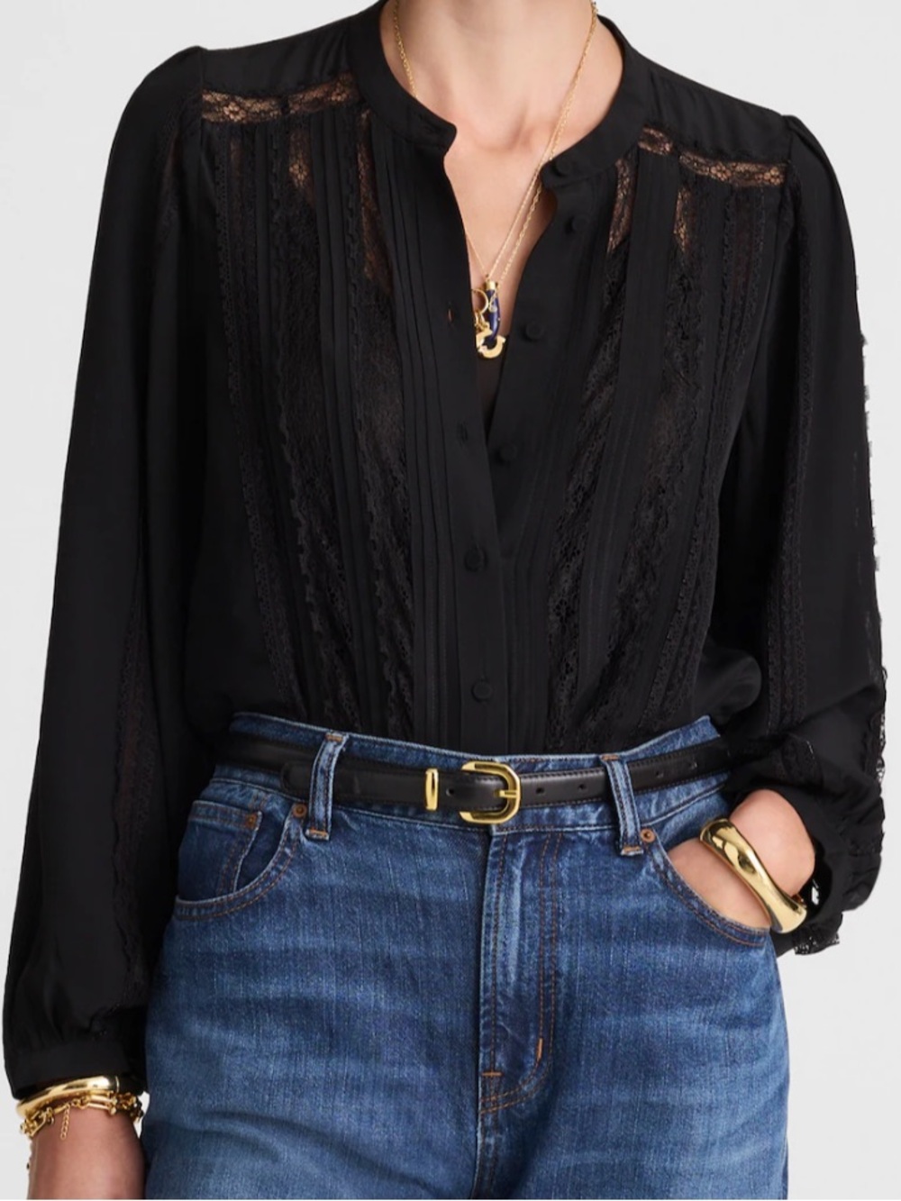 Madewell Black Lace-Trim Button-Front Long Sleeve Blouse NY338 Xsmall